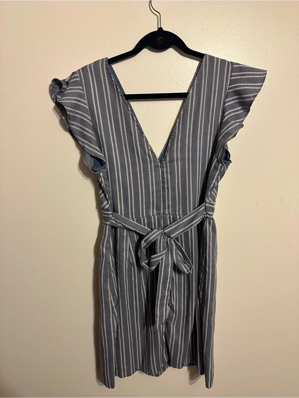 She + Sky Blue and White Striped V-Neck Mini Dress